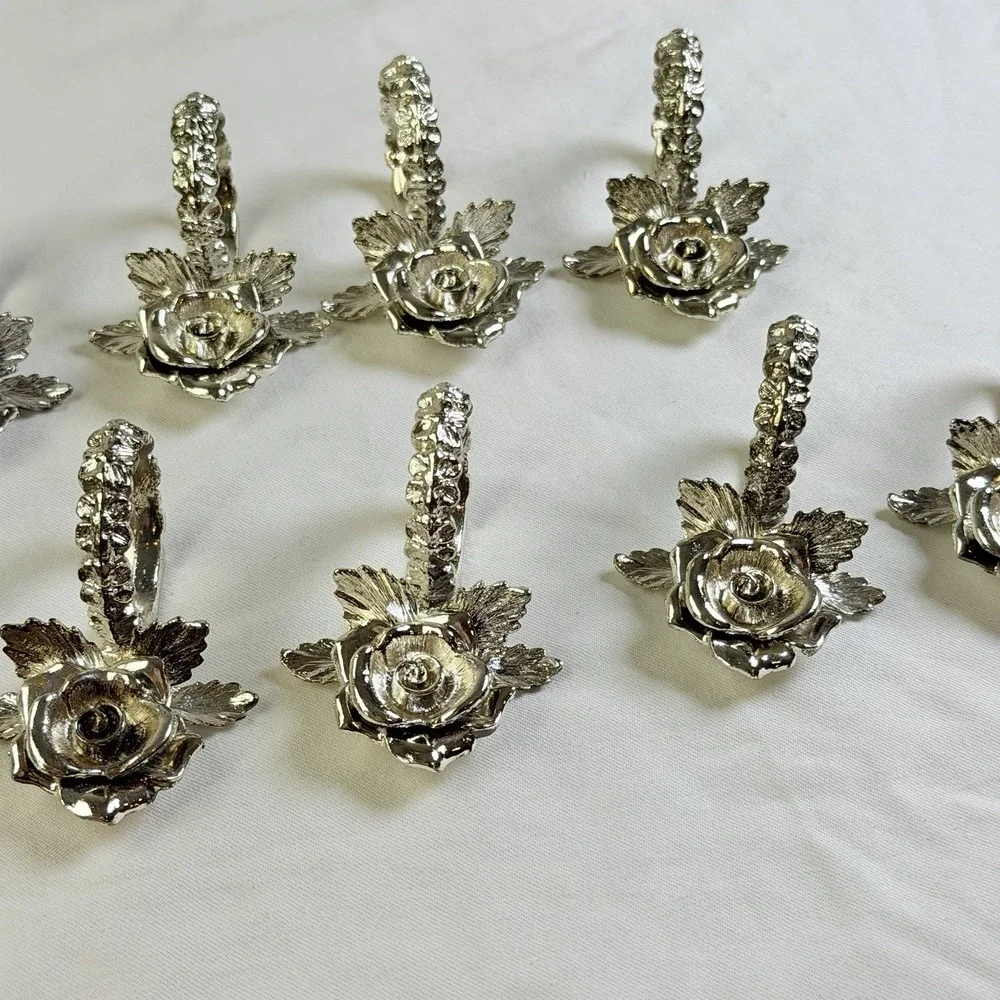 Vintage Silver Tone Rose Metal Holders Napkin Rings Set of 12 Floral Table Decor